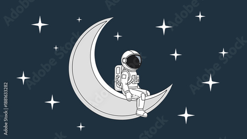 Astronaut Sitting on Crescent Moon Illustration.
