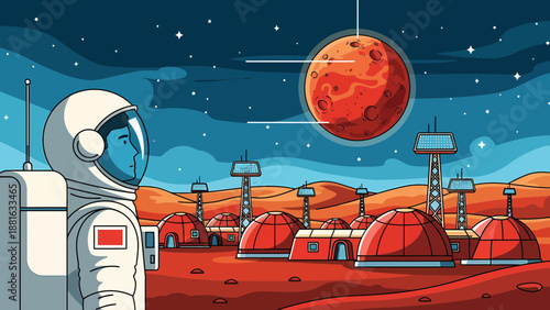 Astronaut Standing Near Mars Colony Outpost.