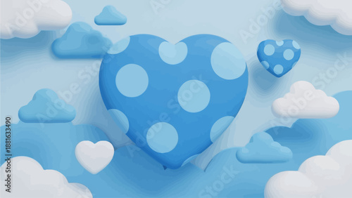 Floating blue heart surrounded by clouds and smaller hearts in a whimsical sky view