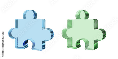 3D transparent glass puzzle piece, isolated realistic icon. Toy solution analog for work problem. Assemble blue green sharp detail, education challenge concept render. Realistic vector on white bg