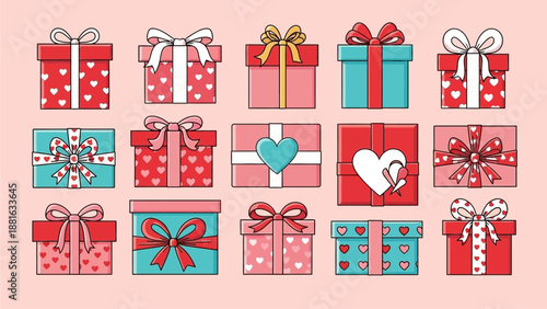 Collection of gift boxes with various bows and patterns on a soft pink background viewed from directly above