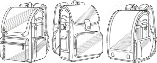 Backpack technical design front side rear views for product development cad drawing flat vector illustration template manufacturing blueprint