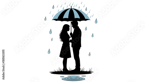 Couple sharing umbrella in rainy weather, standing together in puddles on a grassy ground