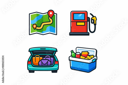 Road trip essentials: map, fuel station, packed car, and cooler for travel preparation