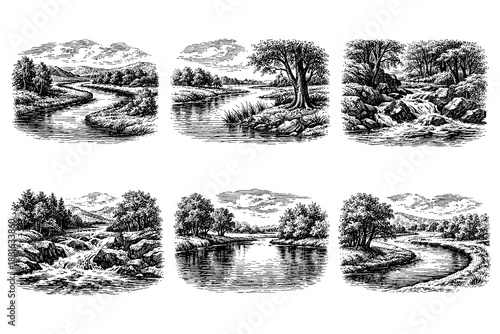 Vintage landscape scenes of rivers and trees in engraved style