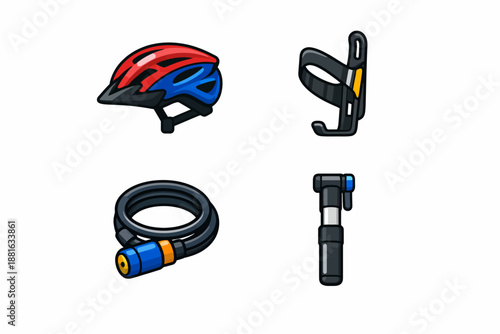 Bicycle gear set: helmet, bottle cage, lock, pump for safe cycling