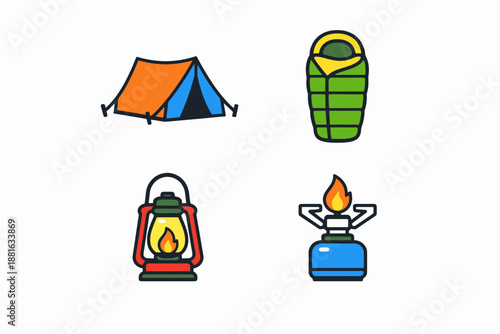 Camping equipment icons: tent, sleeping bag, lantern, stove