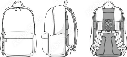 Backpack bag fashion technical sketch showing front side back views with strap and pocket details cad drawing flat vector illustration