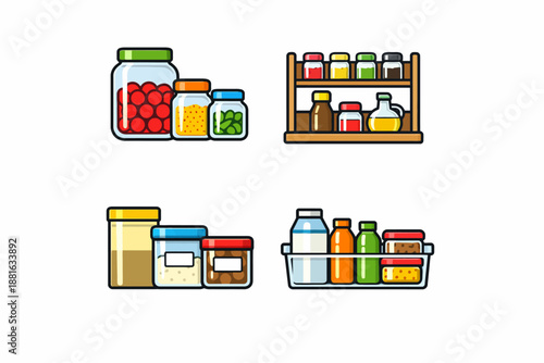 Organized pantry: colorful food storage with jars, bottles, and containers