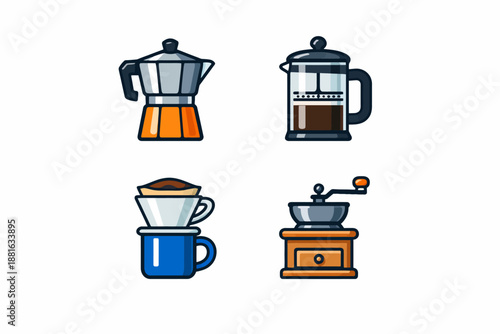 Set of four coffee brewing methods: moka pot, french press, pour-over, grinder