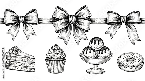 Baked goods and desserts adorned with bows and ribbons, isolated on a clean background, presented in a charming illustration