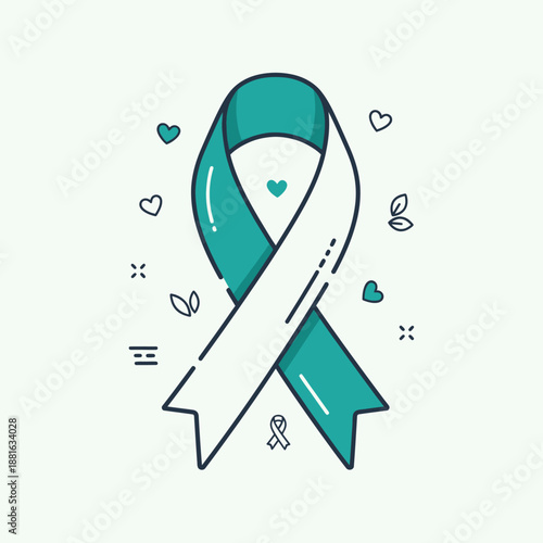 Teal and White Awareness Ribbon with Hearts and Leaves - Symbolizing Support and Hope