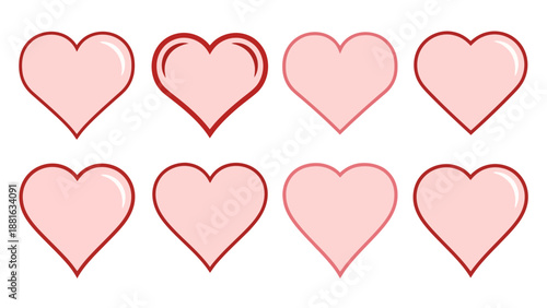Collection of pink hearts with red outlines in a grid pattern on a white background