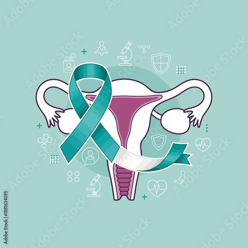 Teal Ribbon Around Uterus Illustration for Ovarian Cancer Awareness and Women's Health