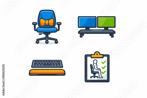 Ergonomic office setup with chair monitors keyboard and posture checklist icons