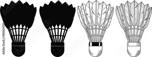 Badminton shuttlecock silhouette and detailed outline set, feather birdie sports equipment vector illustration, black and white design isolated