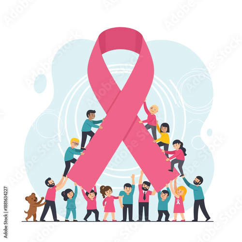 Diverse community holding pink ribbon, breast cancer awareness, support, hope, unity