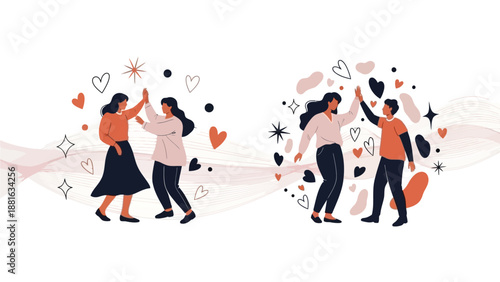 Illustration of people celebrating together with hearts and stars surrounding them in a joyful atmosphere