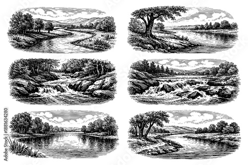 Vintage style river landscapes: engraved nature scenes of rivers, trees, and waterfalls