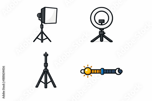 Camera equipment icons: softbox, ring light, tripod, adjustable wrench