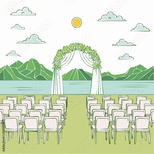 Outdoor wedding ceremony setup with archway and chairs by a serene lake and mountains under a sunny sky