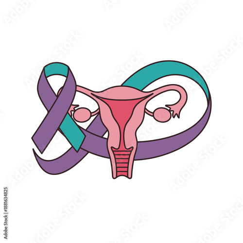 Uterus Symbol with Teal and Purple Awareness Ribbons - Gynecological Health and Cancer Awareness