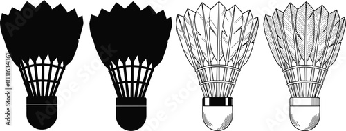 Badminton shuttlecock silhouette and outline vector icons set, feather birdie sports equipment illustration, black and white design isolated