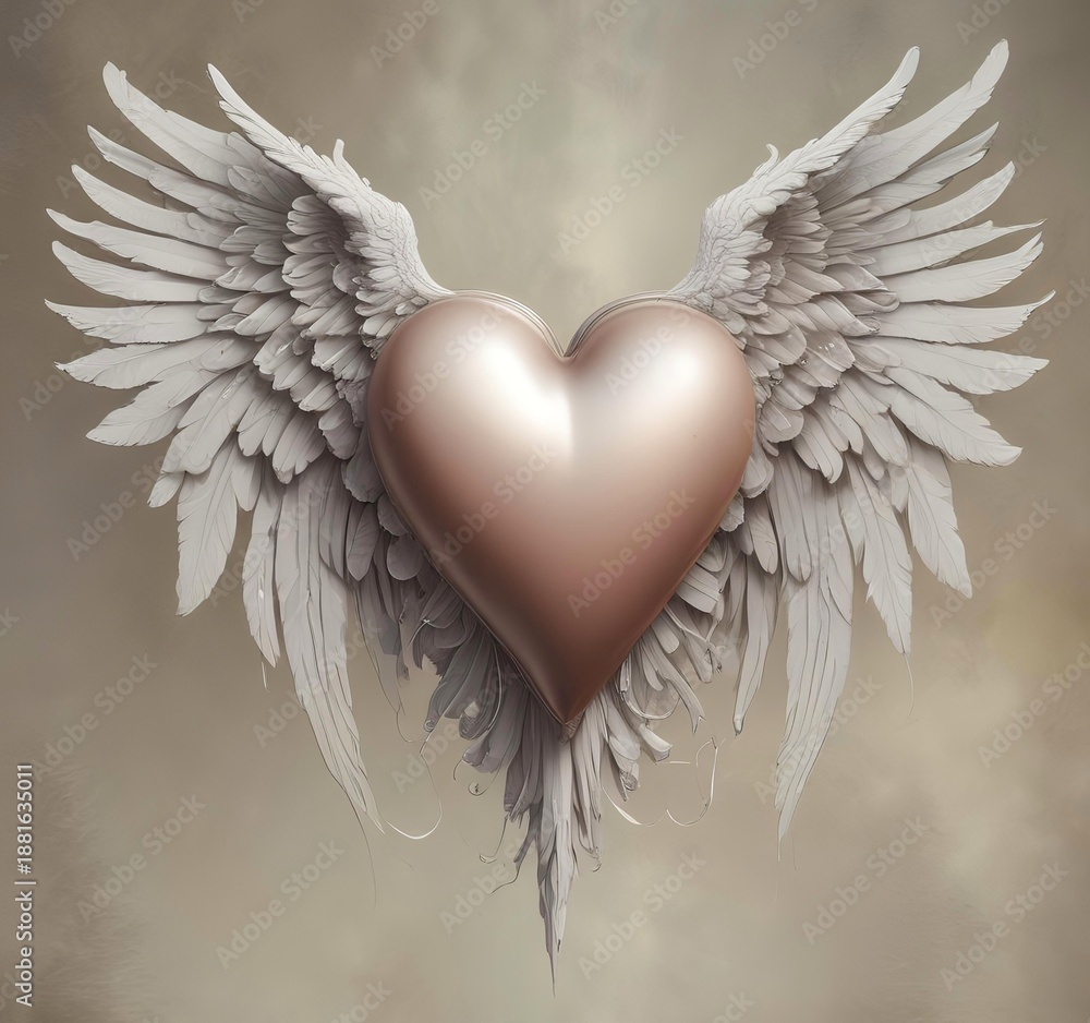 Fototapeta premium Elegant heart with angel wings, soft lighting, romantic fantasy artwork, minimal design, stock ready