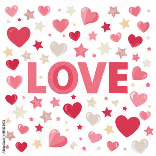 Celebrating love with hearts and stars scattered around in a vibrant display of affection and joy, viewed from directly above in a festive illustration