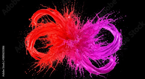 Abstract 3D Red and Pink Gradient Liquid Splash Forming Infinity Symbol on Black Backgroundใ