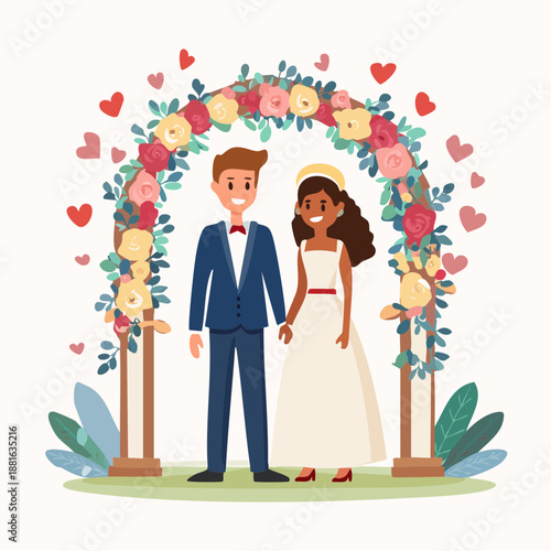 Bride and groom standing together under a heart and flower archway on a green lawn