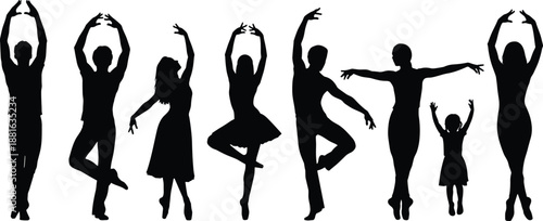 Ballet dancer silhouettes set with adults and child performing graceful poses isolated on white background classical dance vector illustration