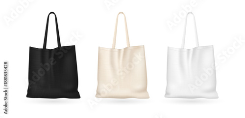 Fabric bags with handles, realistic canvas carryalls set. Vector isolated mockups of cotton totes. Cloth shoppers collection. Eco handbags templates. Reusable blank mock pouches for shopping