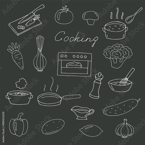 Hand Drawn Cooking Icons Set on Chalkboard Background