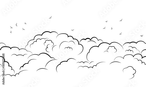 Fluffy cumulus clouds and bird silhouettes, seamless horizontal border. Thick mountain clouds isolated on white background. Vector illustration. Summer outdoor scene