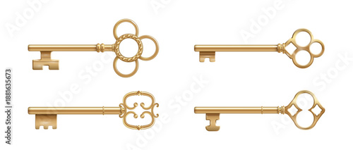 Vintage gold coated keys with filigree design of royal baroque aesthetics. Vector realistic curves and scrollwork golden devices with notched blades. Instruments for home, items for opening doors