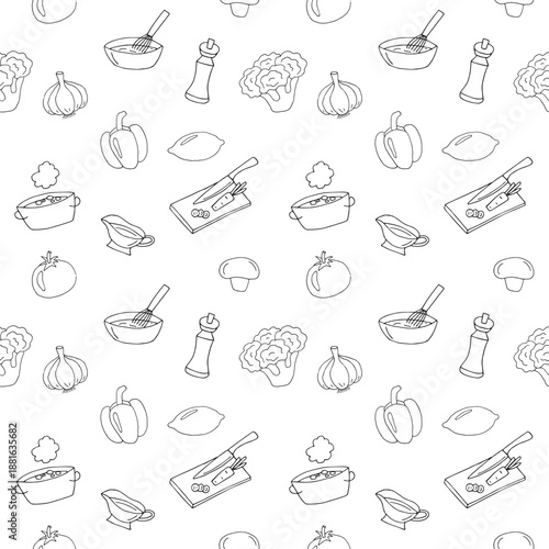 Hand Drawn Cooking Process Seamless Pattern with Kitchen Utensils and Ingredients