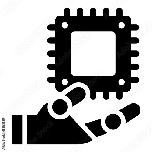 Artificial intelligence and robotics symbol with chip and robotic hand, representing automation and advanced computing technology.