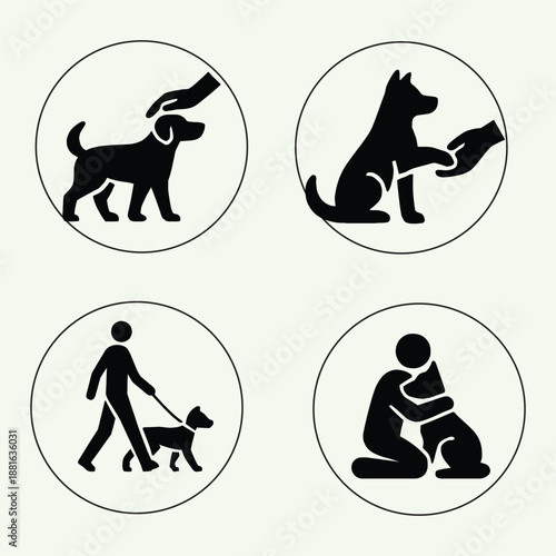 Set of icons showing human and dog interaction, pet care and training silhouettes