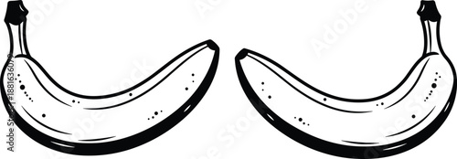 Banana fruit silhouettes and outline illustrations set, fresh tropical food icon collection, black and white vector design isolated