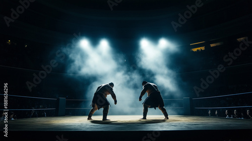 Two Sumo Wrestlers Silhouette in Ring with Dramatic Spotlights