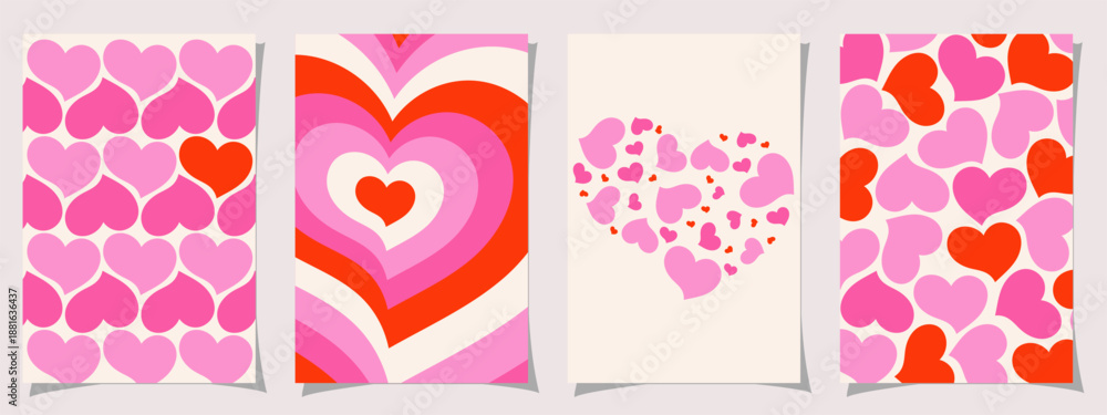 Obraz premium Pink and red glossy hearts with shadows on white background. Diagonal striped border and holiday message create romantic Valentine's Day greeting.