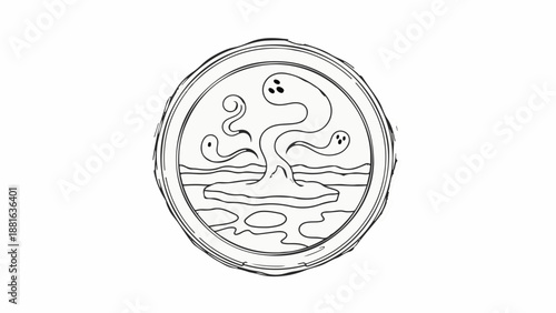 Whimsical creatures emerge from a mysterious, bubbling portal in an abstract landscape.