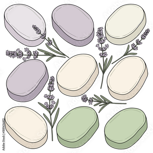 Handmade soap pieces illustration with relaxed mood, lavender and natural elements on transparent background