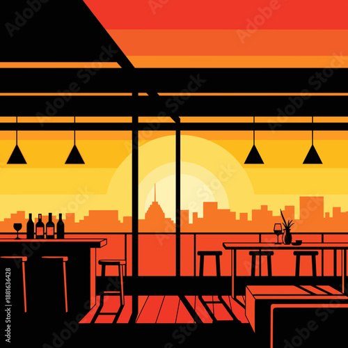 Stylish bar illustration with sunset mood, drinks and city skyline background, vibrant colors