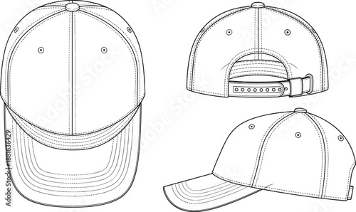 Baseball cap front back and side view technical sketch cad drawing flat vector illustration for fashion headwear design