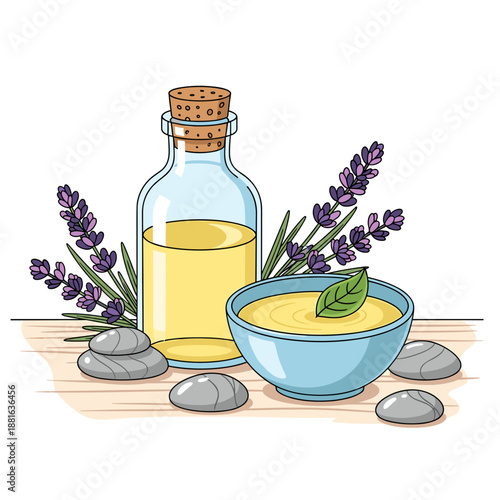 Lavender essential oil illustration with relaxation mood, spa elements on transparent background
