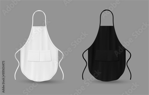 Bib aprons set with front pockets and strings. Vector isolated realistic unisex protective garments while cooking or baking. Home cooks and professional chefs items. Kitchen uniform or accessory