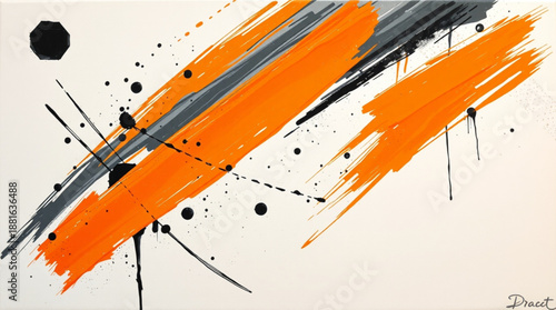 Dynamic abstract painting with bold orange and grey diagonal brushstrokes and black paint splatters on a white canvas.
