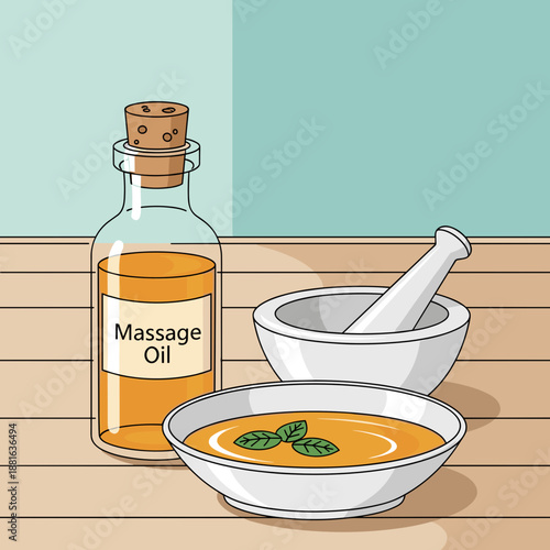 Massage oil illustration with calming mood, spa essentials and natural elements on wooden surface